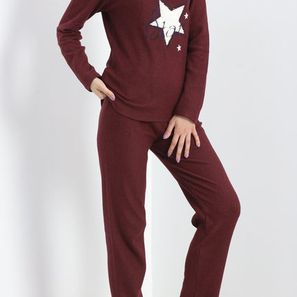 Nakışlı Fitilli Pijama Takımı Bordo1 - 19217.1048.