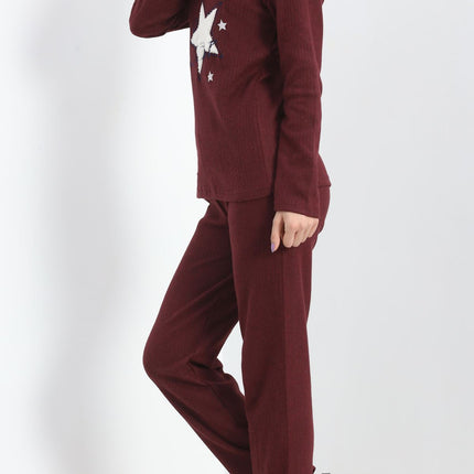 Nakışlı Fitilli Pijama Takımı Bordo1 - 19217.1048.