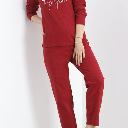 Nakışlı Fitilli Pijama Takımı Bordo - 19219.1048.