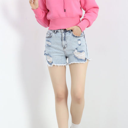 3 İplik Kapşonlu Crop Sweat Pembe - 20967.1878.