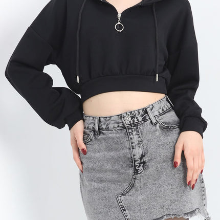 Modal Kapşonlu Crop Sweat Siyah - 12885.148.