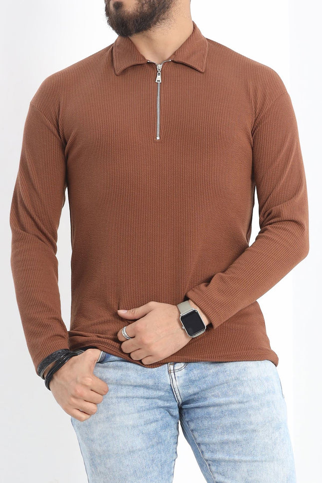 Polo Yaka Fermuarlı Erkek Sweatshirt Kahve - 20128.1874.