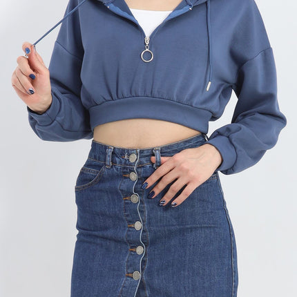 Modal Kapşonlu Crop Sweat İndigo - 12885.148.