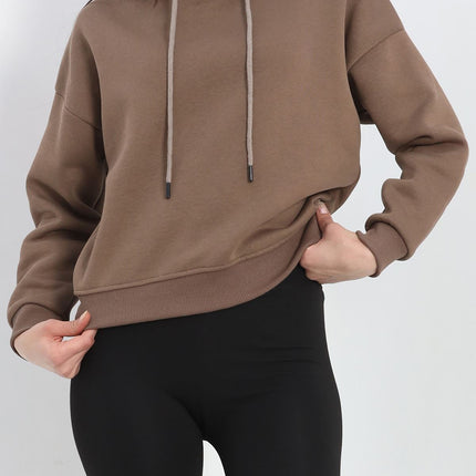 Kapşonlu 3 İplik Crop Sweat Açıkkahve - 20969.1878.