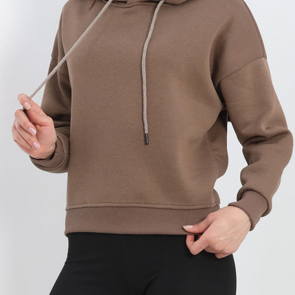 Kapşonlu 3 İplik Crop Sweat Açıkkahve - 20969.1878.