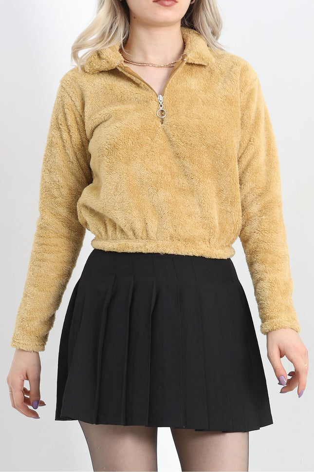 Fermuarlı Crop Peluş Sweat Camel - 9060.1153.