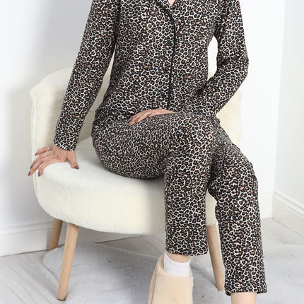 Düğmeli Süet Pijama Takımı Leopar - 6486.1902.