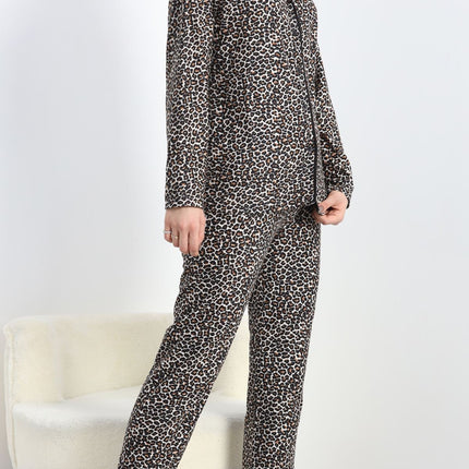 Düğmeli Süet Pijama Takımı Leopar - 6486.1902.